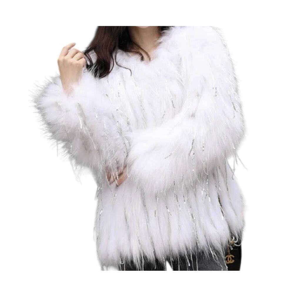 Luxury Womens Fur Coat Winter
Furry Warm Parka Jacket White Large